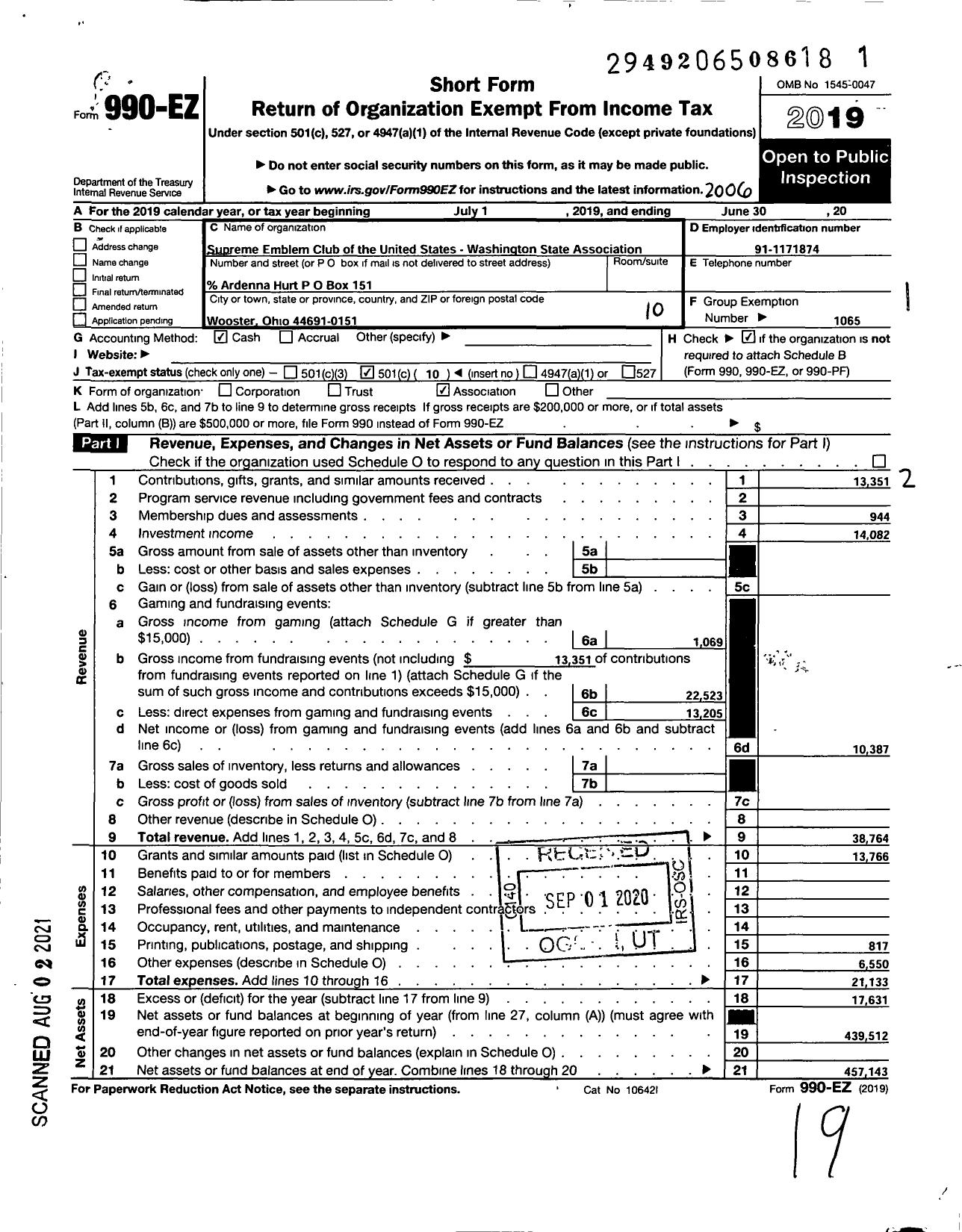 Image of first page of 2019 Form 990EO for SUPREME EMBLEM CLUB of THE UNITED STATES of AMERICA INC - Washington State