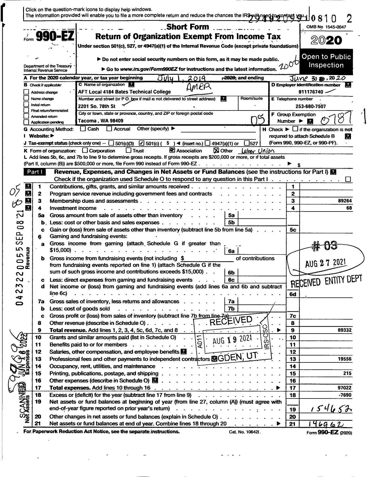 Image of first page of 2019 Form 990EO for AMERICAN FEDERATION OF TEACHERS - 4184 Bates Technical College