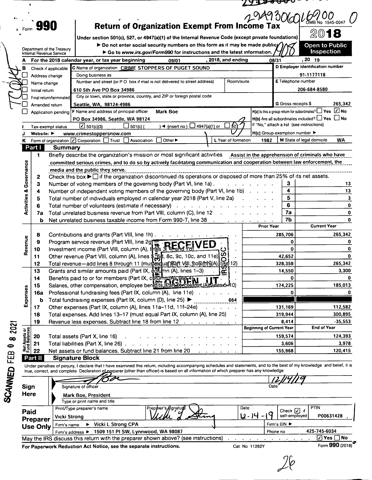 Image of first page of 2018 Form 990 for Crime Stoppers of Puget Sound