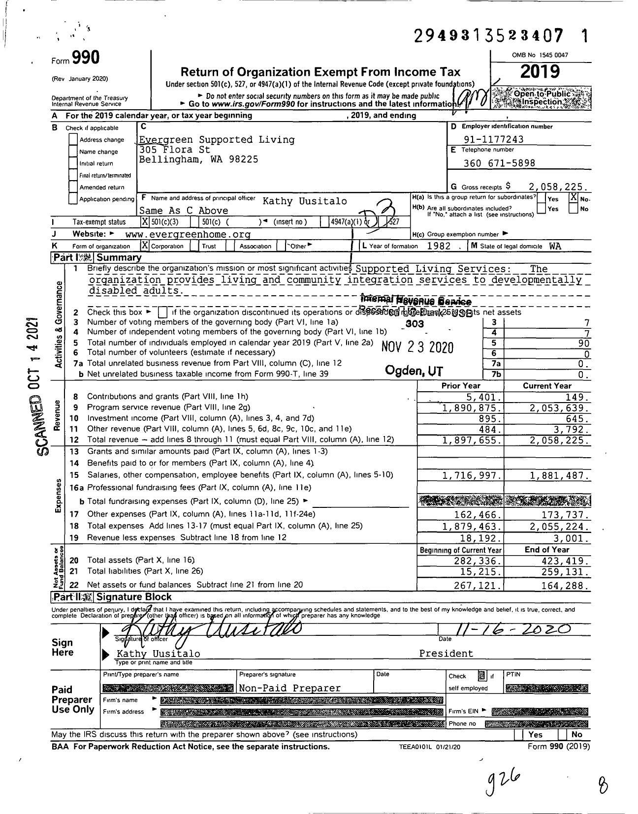 Image of first page of 2019 Form 990 for Evergreen Supported Living