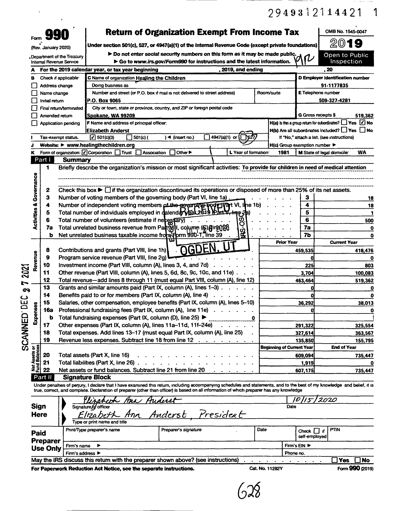 Image of first page of 2019 Form 990 for Healing the Children