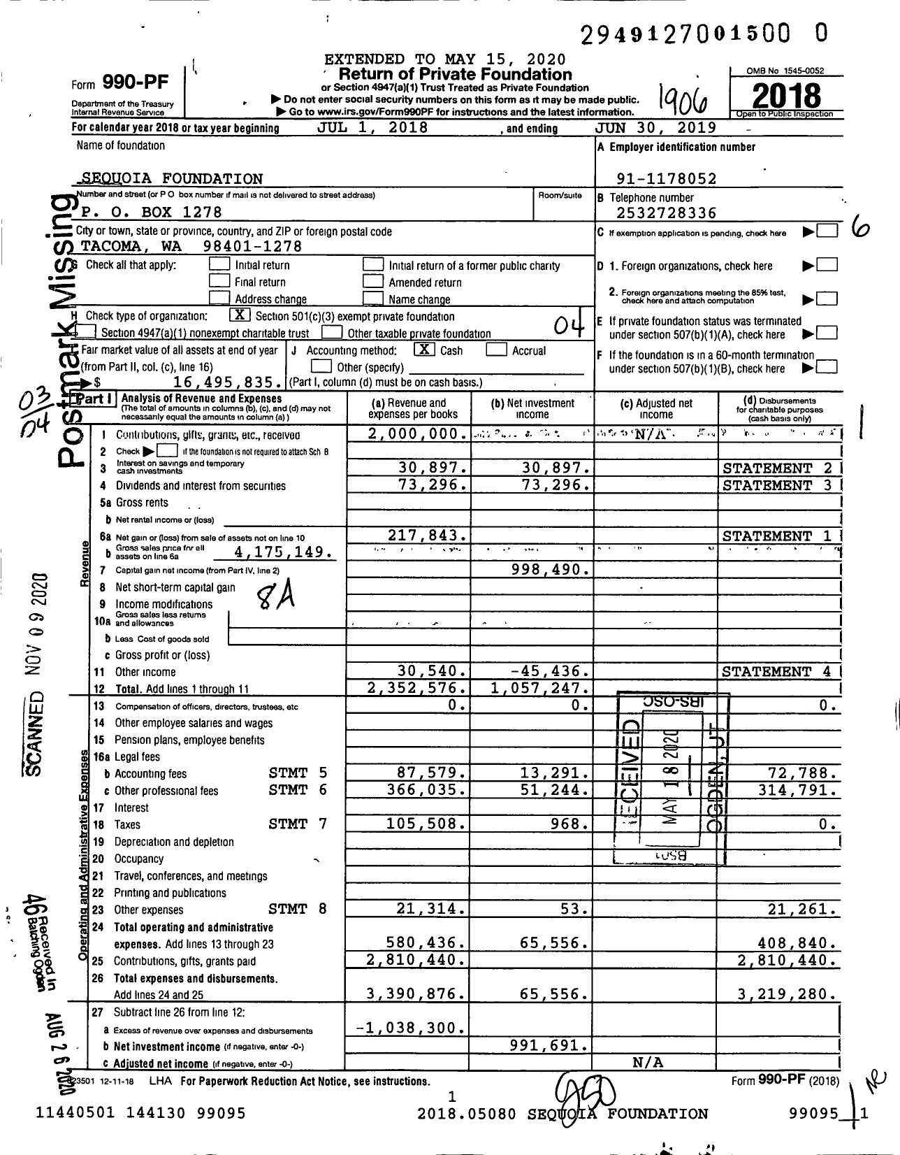 Image of first page of 2018 Form 990PF for Sequoia Foundation