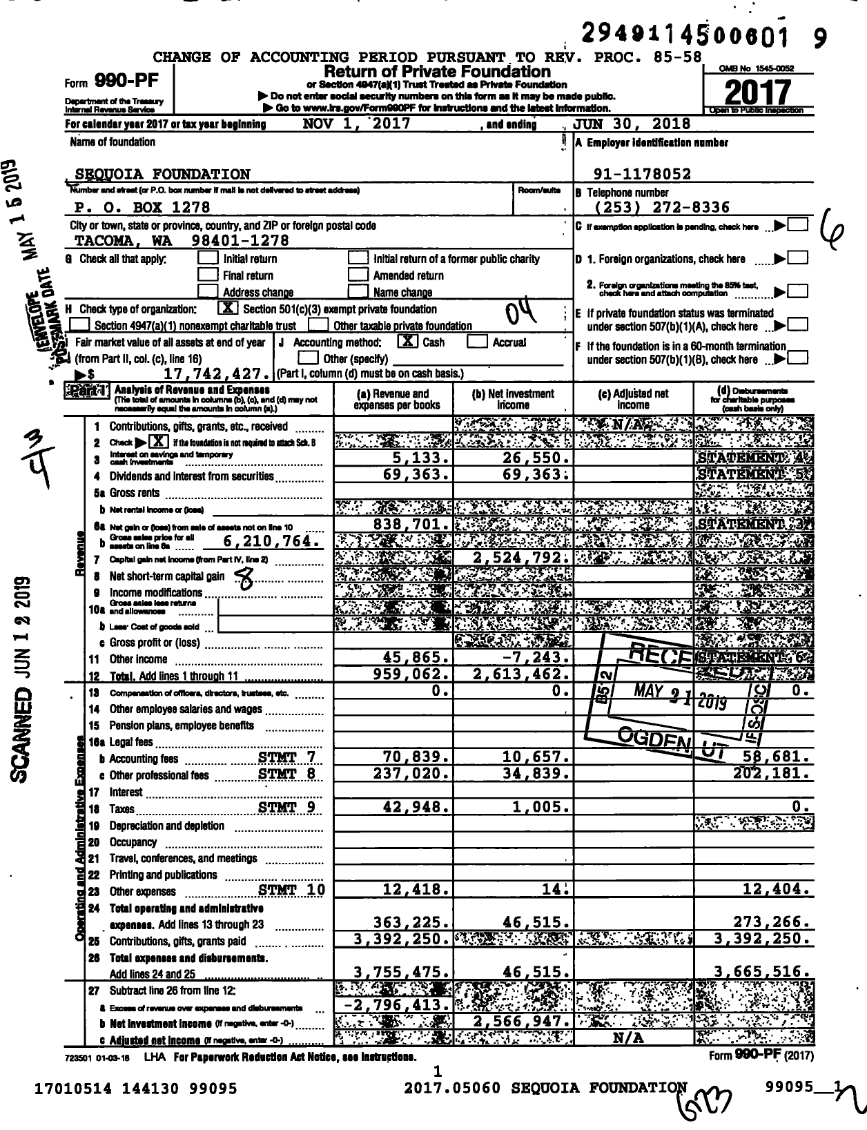 Image of first page of 2017 Form 990PF for Sequoia Foundation