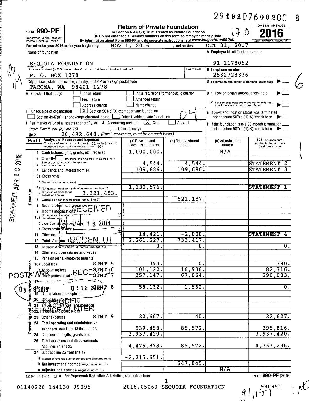 Image of first page of 2016 Form 990PF for Sequoia Foundation