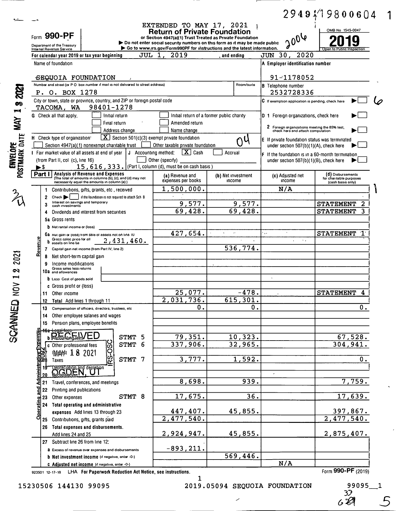 Image of first page of 2019 Form 990PF for Sequoia Foundation