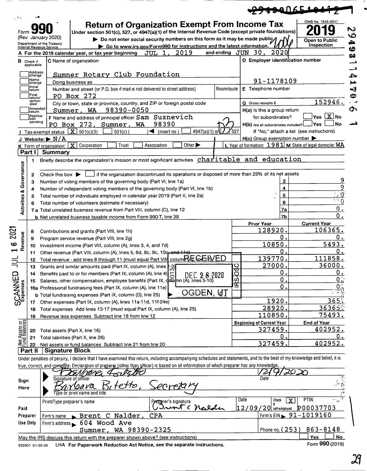 Image of first page of 2019 Form 990 for Sumner Rotary Club Foundation