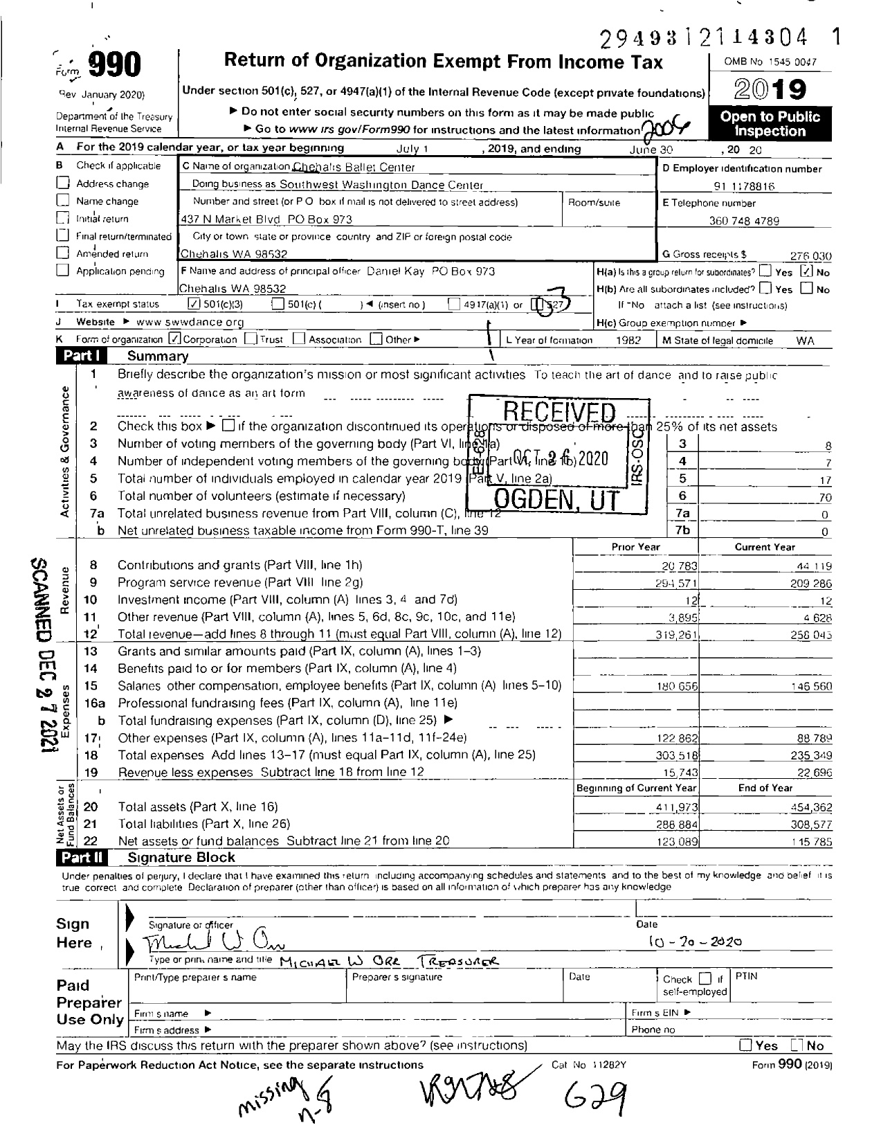 Image of first page of 2019 Form 990 for Southwest Washington Dance Center