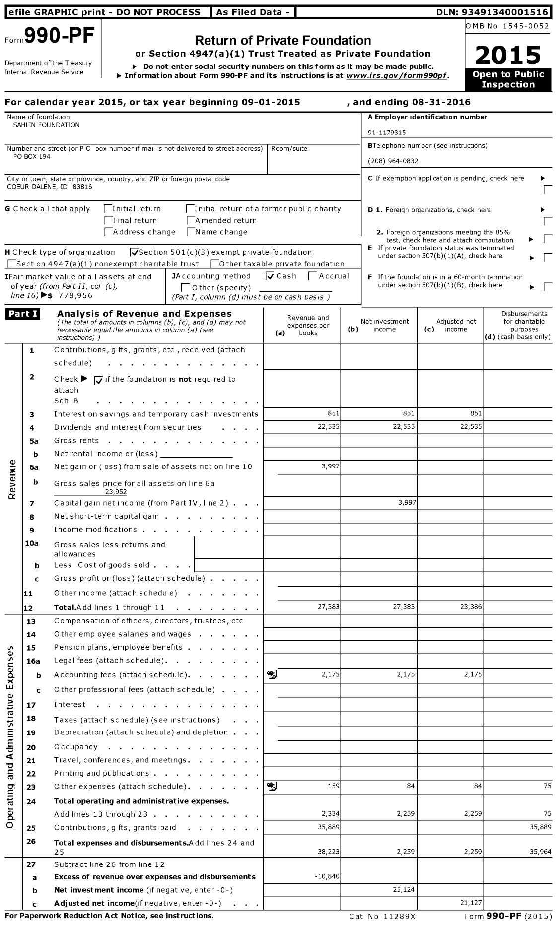 Image of first page of 2015 Form 990PF for Sahlin Foundation