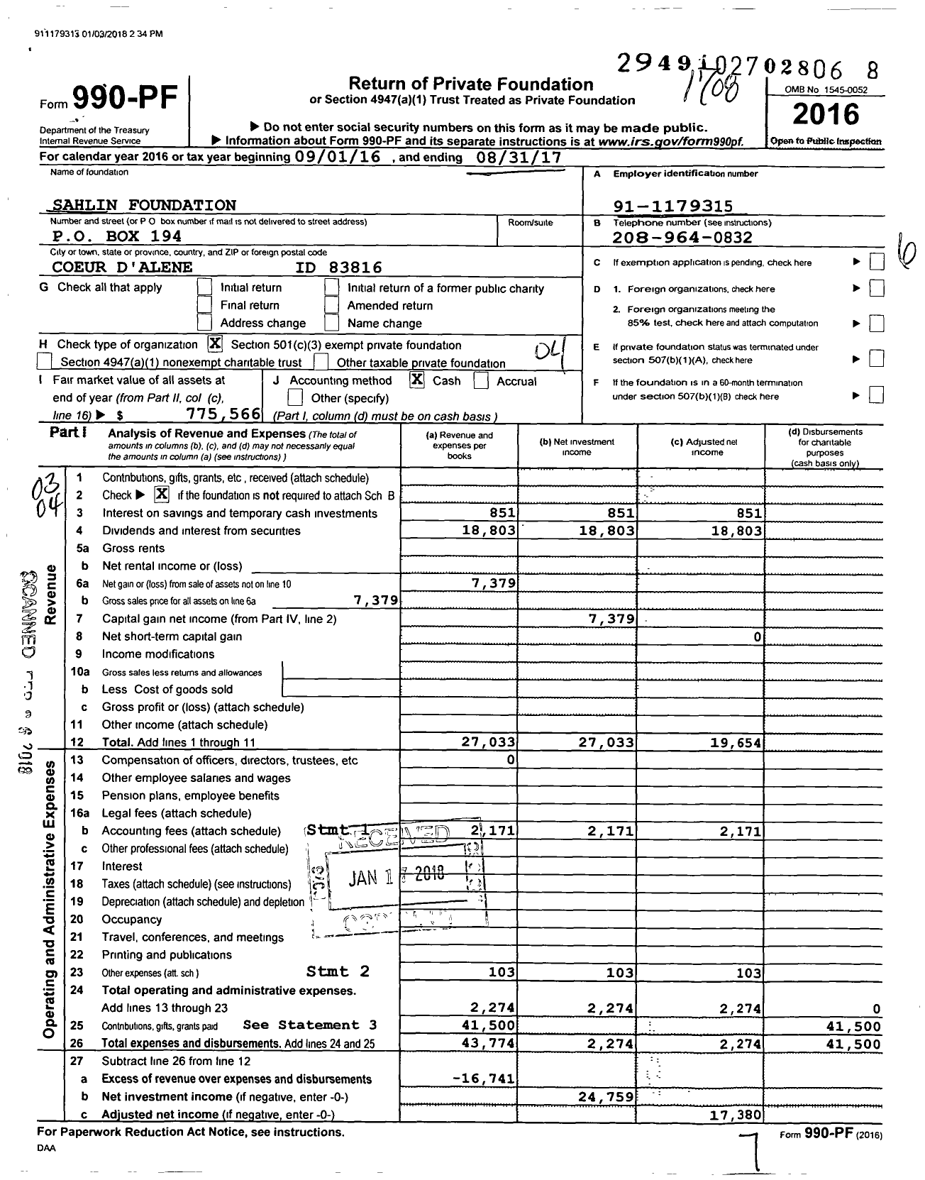 Image of first page of 2016 Form 990PF for Sahlin Foundation
