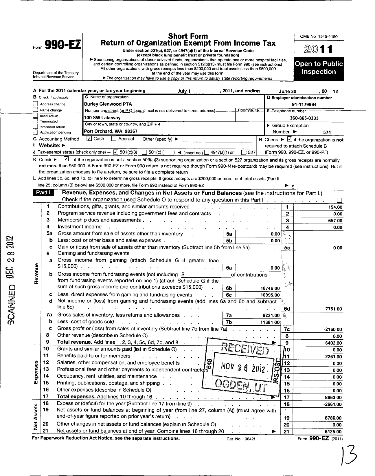 Image of first page of 2011 Form 990EZ for Burley Glenwood Ptso