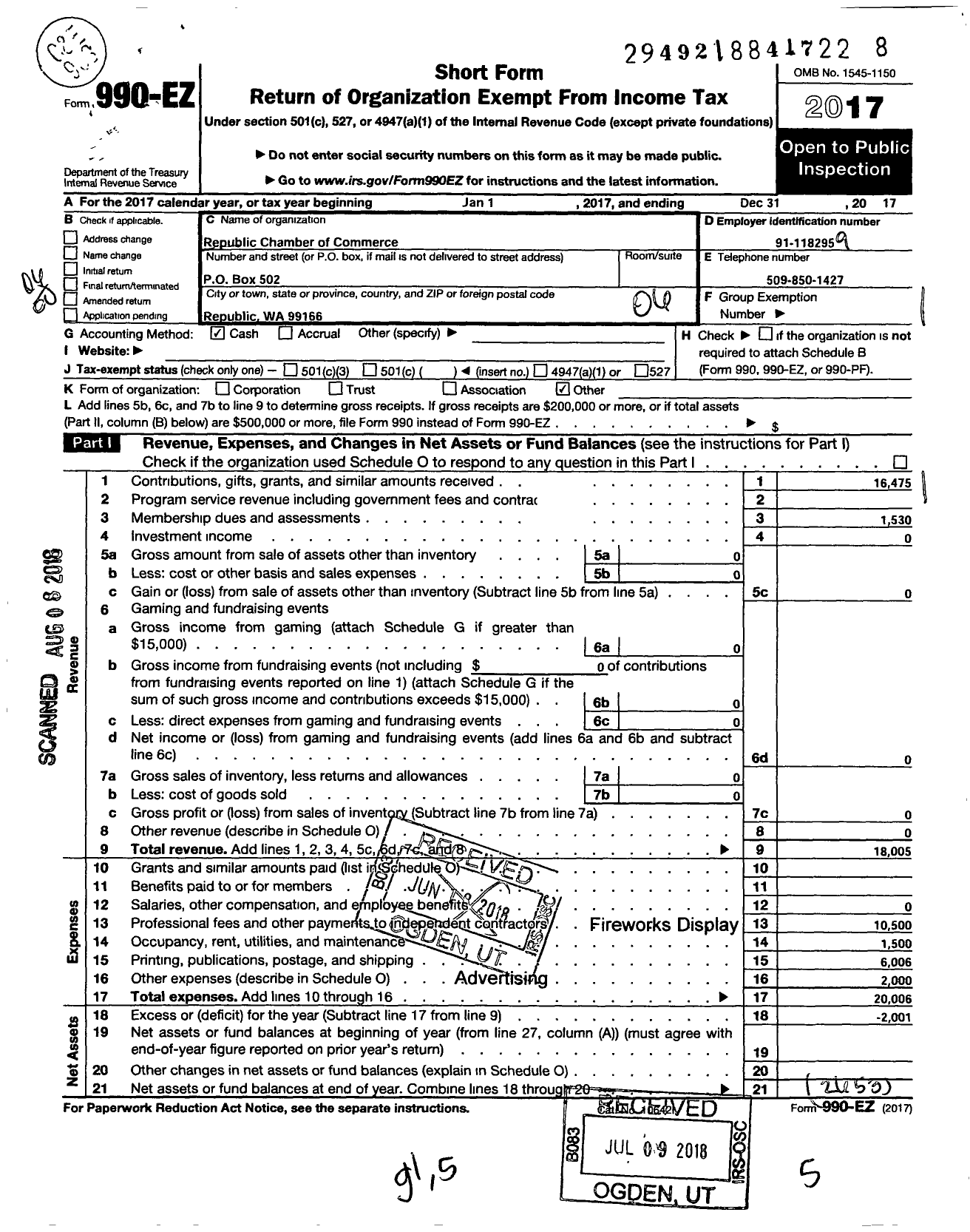 Image of first page of 2017 Form 990EO for Republic Chamber of Commerce