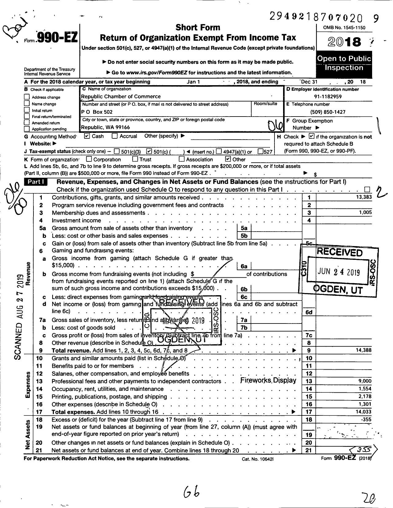 Image of first page of 2018 Form 990EO for Republic Chamber of Commerce