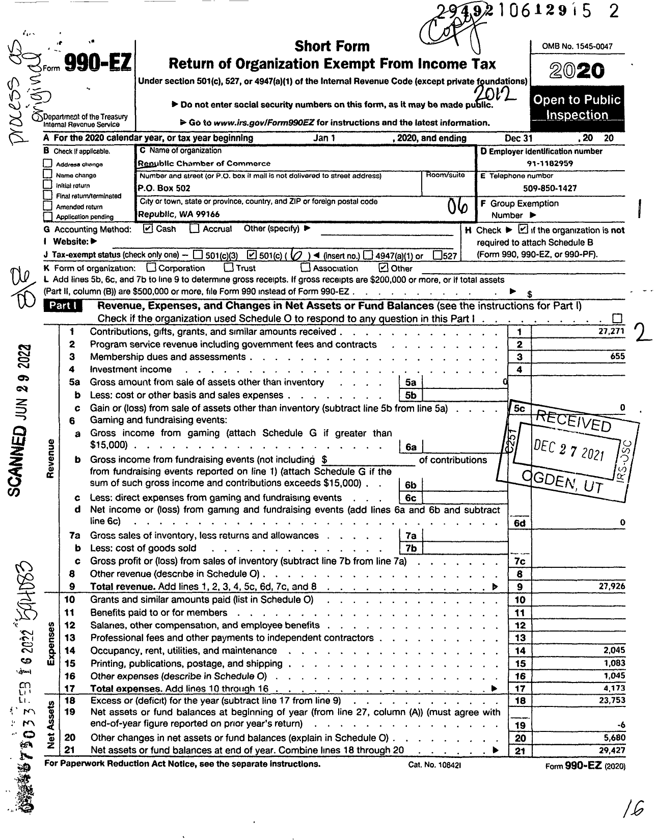 Image of first page of 2020 Form 990EO for Republic Chamber of Commerce