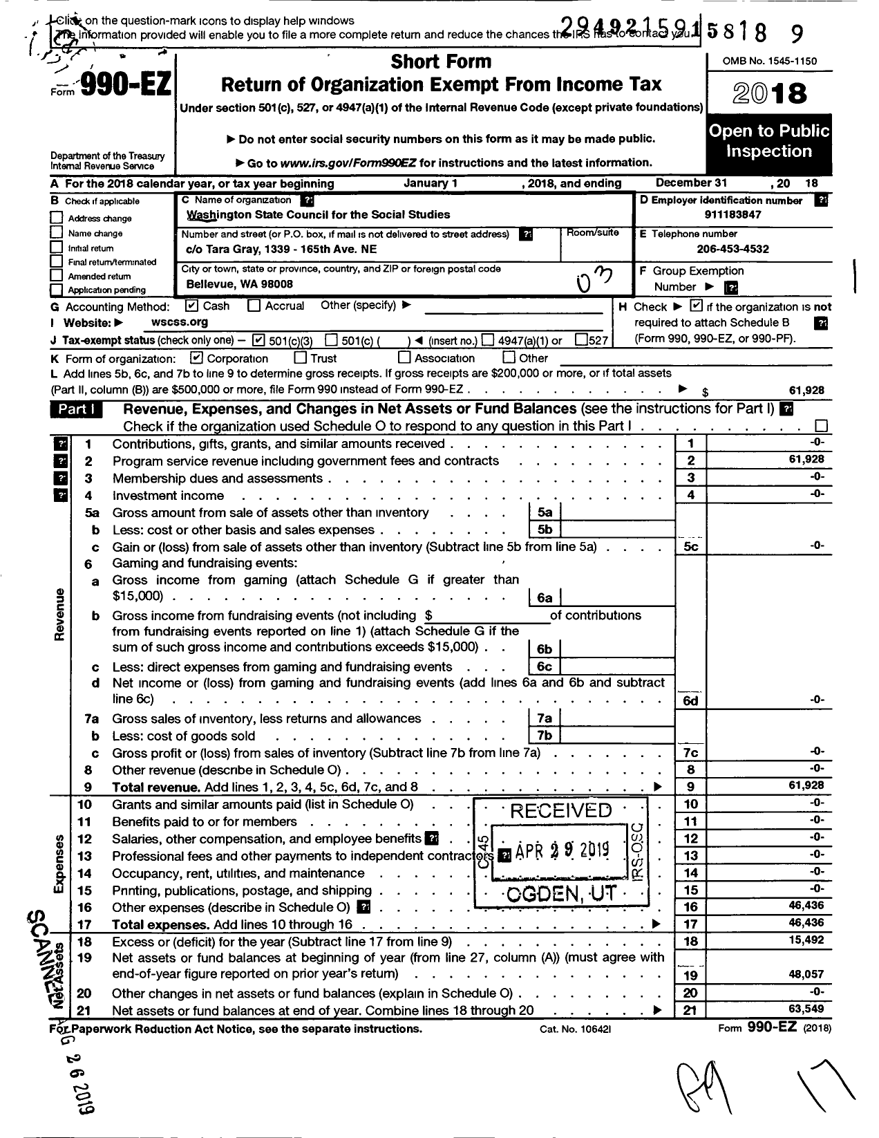 Image of first page of 2018 Form 990EZ for Washington State Council for the Social Studies