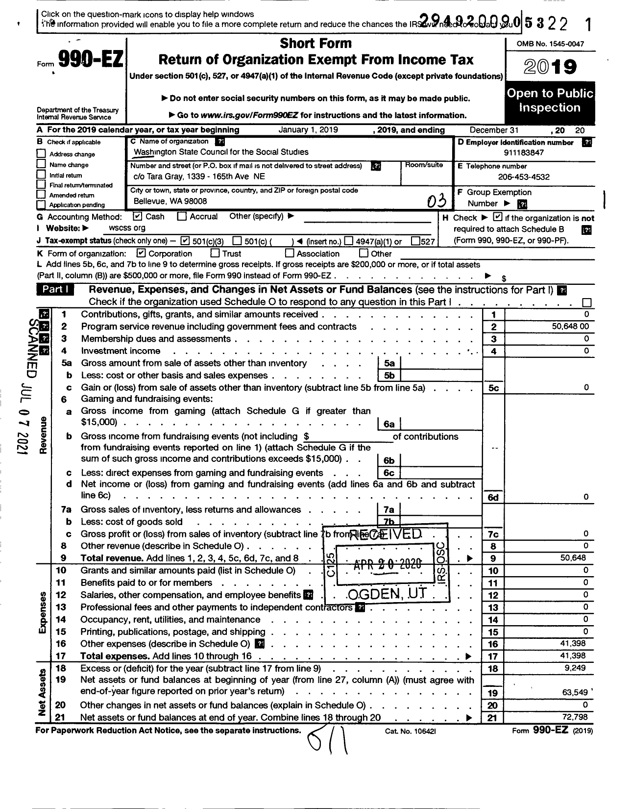 Image of first page of 2019 Form 990EZ for Washington State Council for the Social Studies