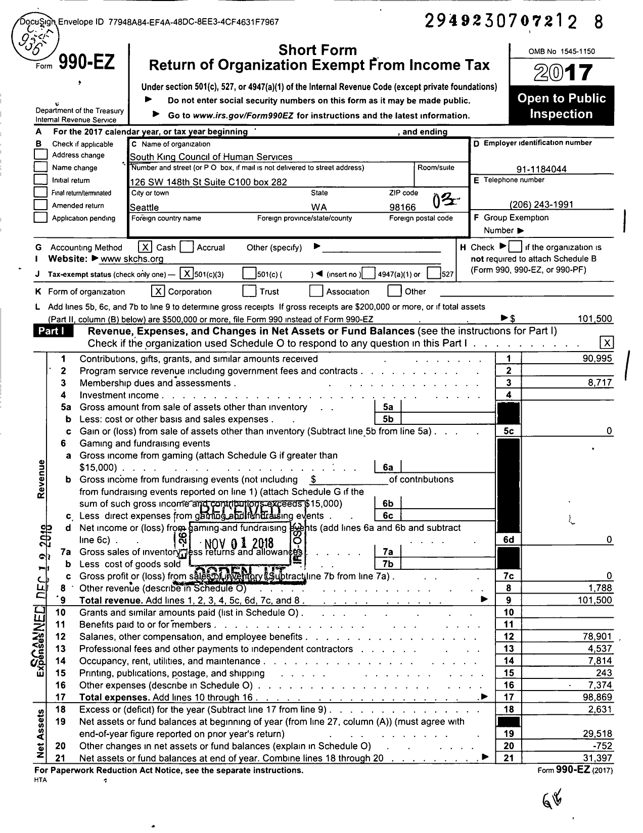 Image of first page of 2017 Form 990EZ for South King Council of Human Services