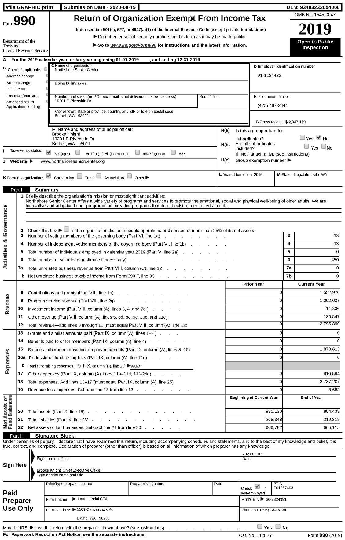 Image of first page of 2019 Form 990 for Northshore Senior Center