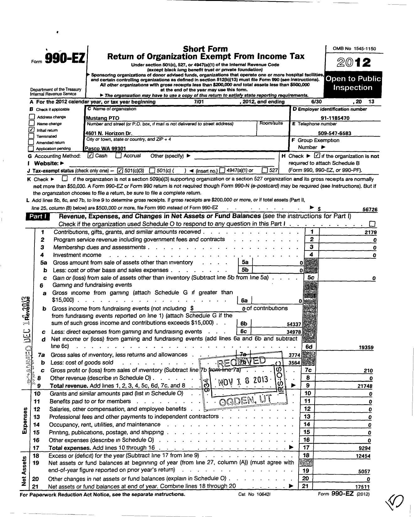 Image of first page of 2012 Form 990EZ for Mustang Pto