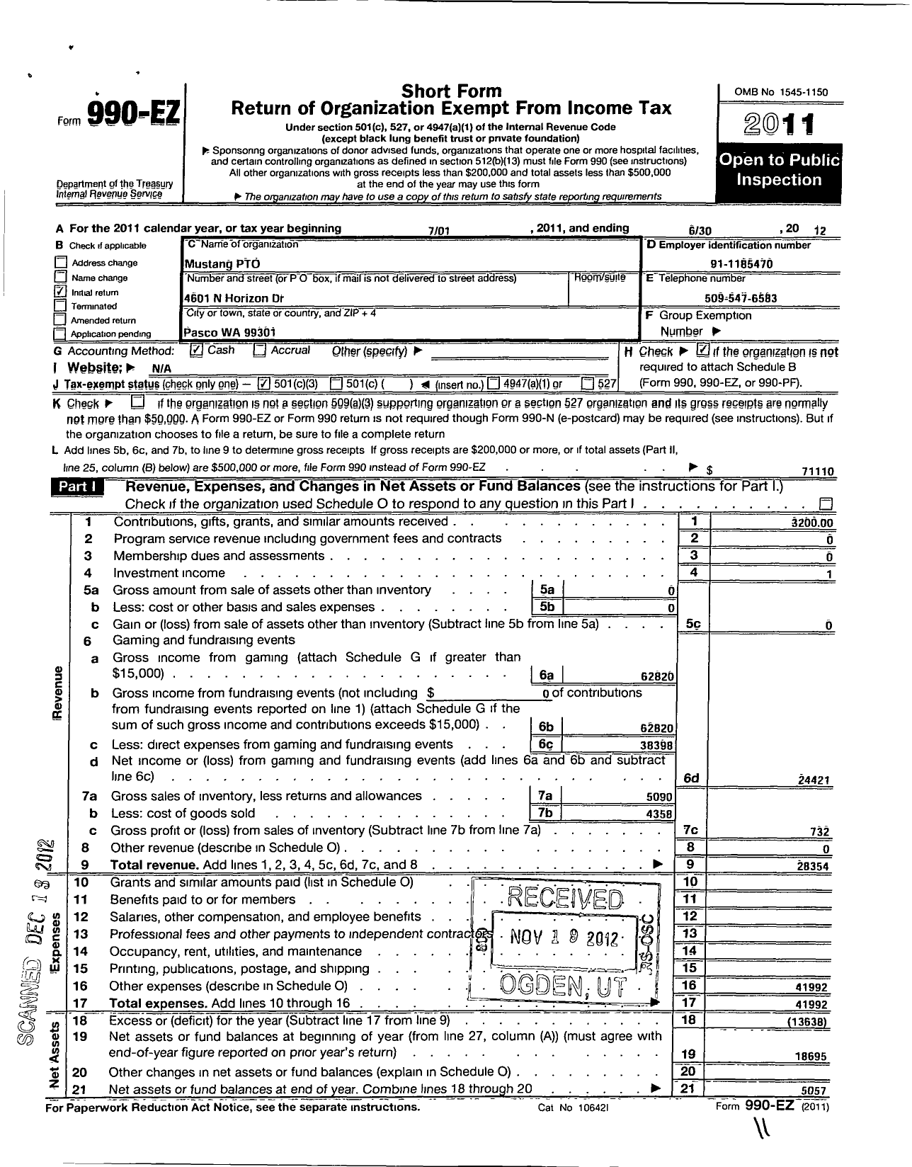 Image of first page of 2011 Form 990EZ for Mustang Pto