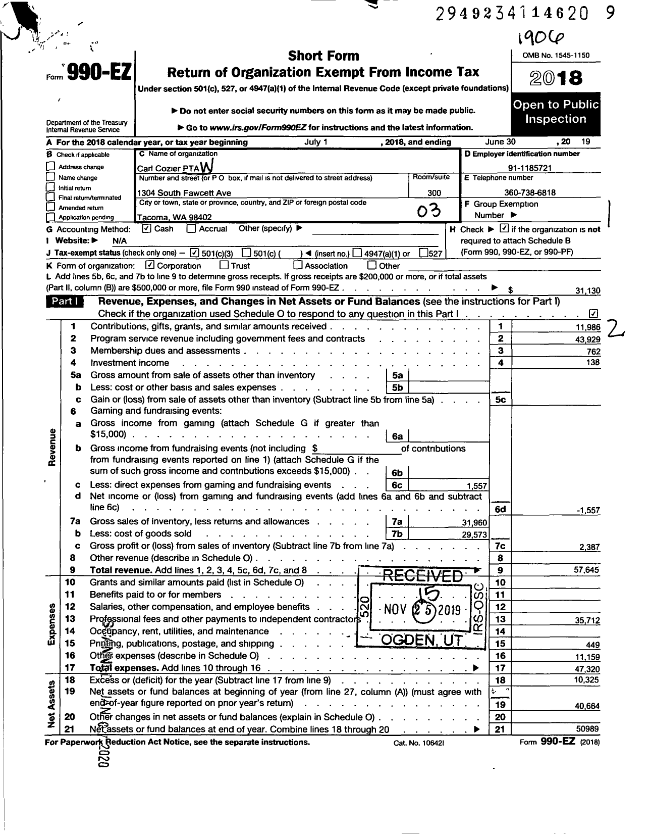 Image of first page of 2018 Form 990EZ for Carl Cozier Elementary PTA