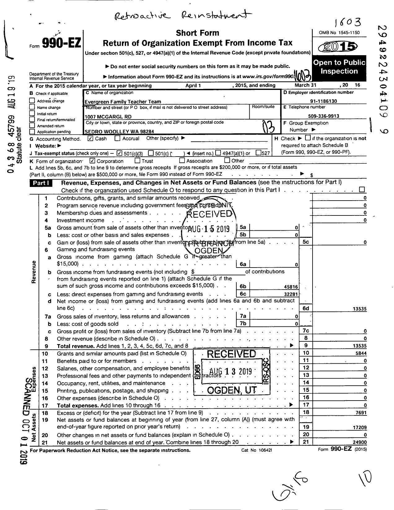 Image of first page of 2015 Form 990EZ for Evergreen Family Teacher Team (EFTT)