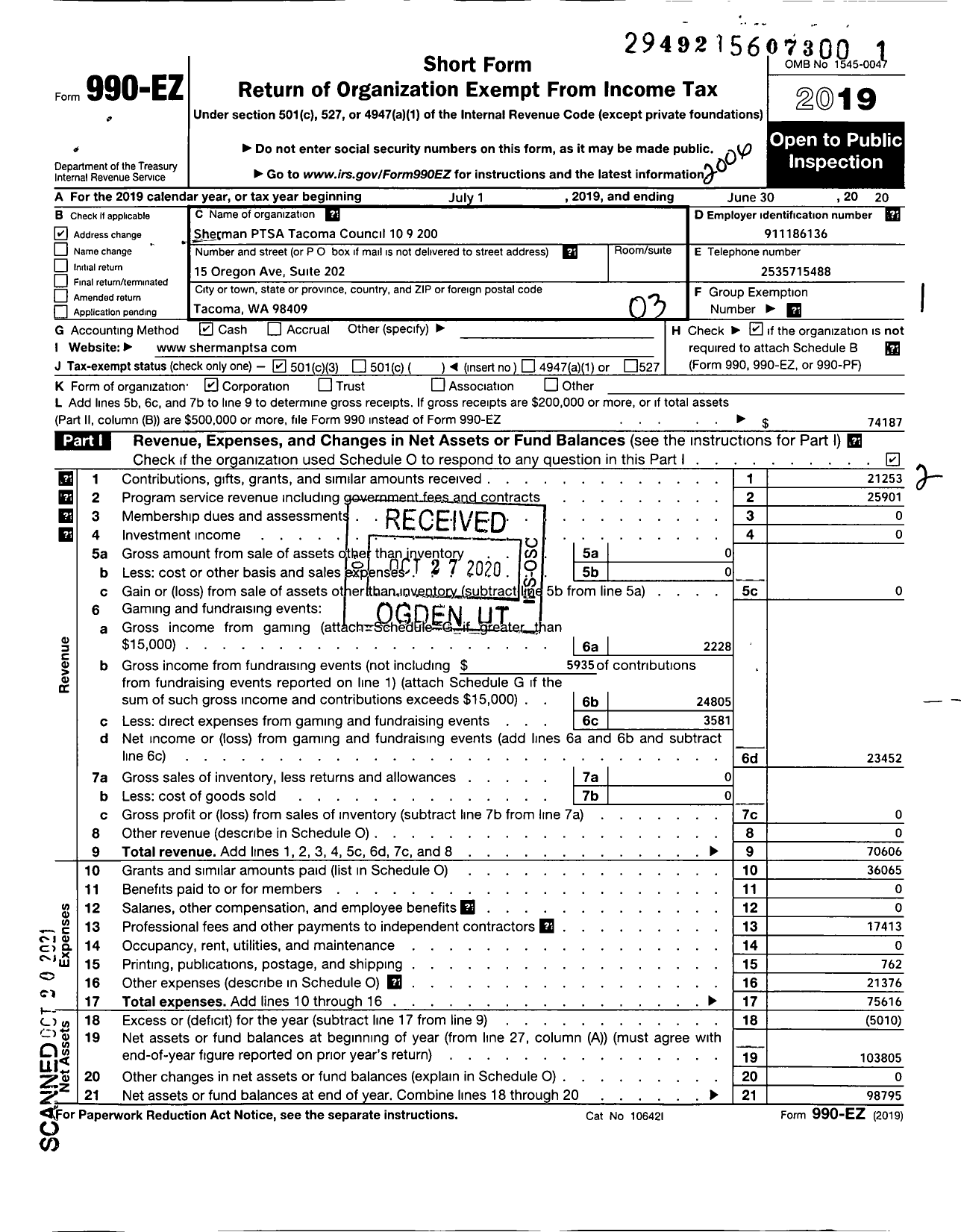 Image of first page of 2019 Form 990EZ for Sherman PTSA - Tacoma Council 109200