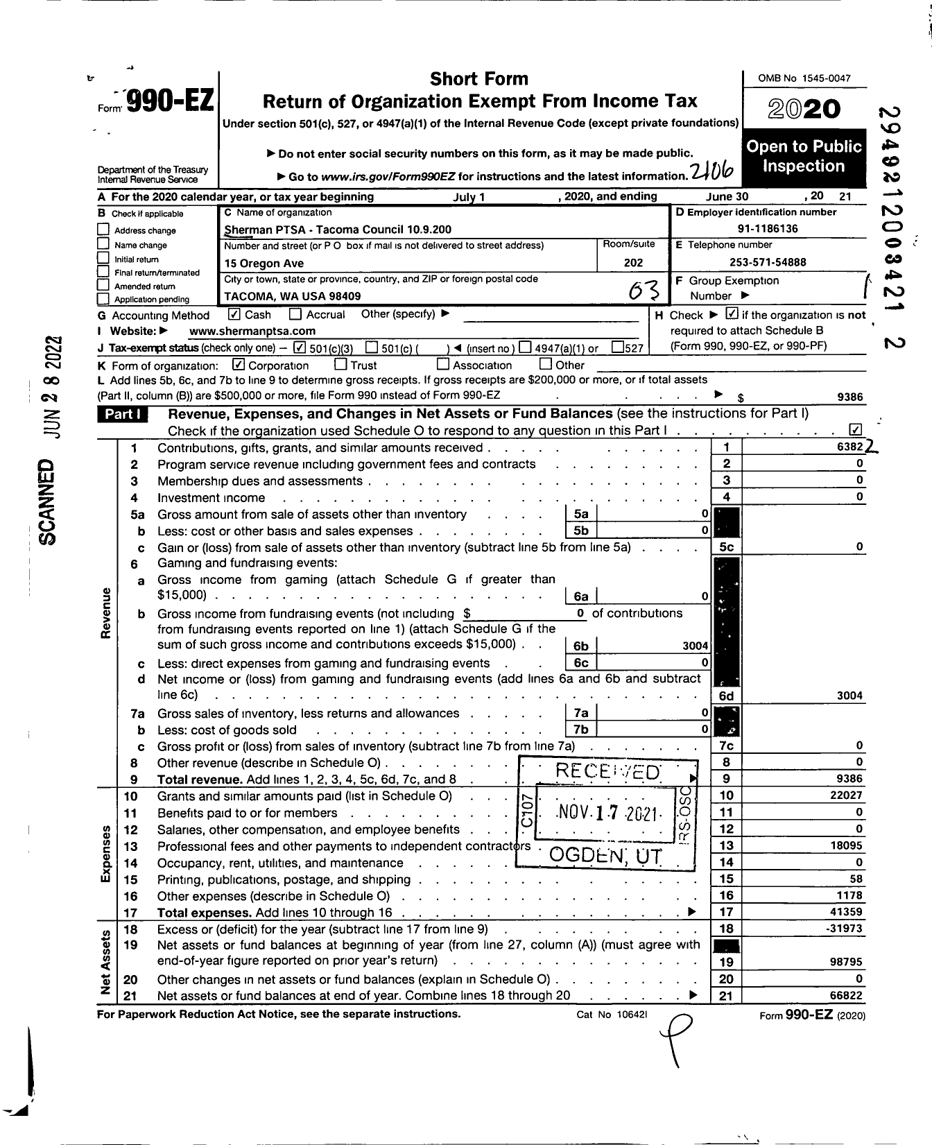 Image of first page of 2020 Form 990EZ for Sherman PTSA - Tacoma Council 109200