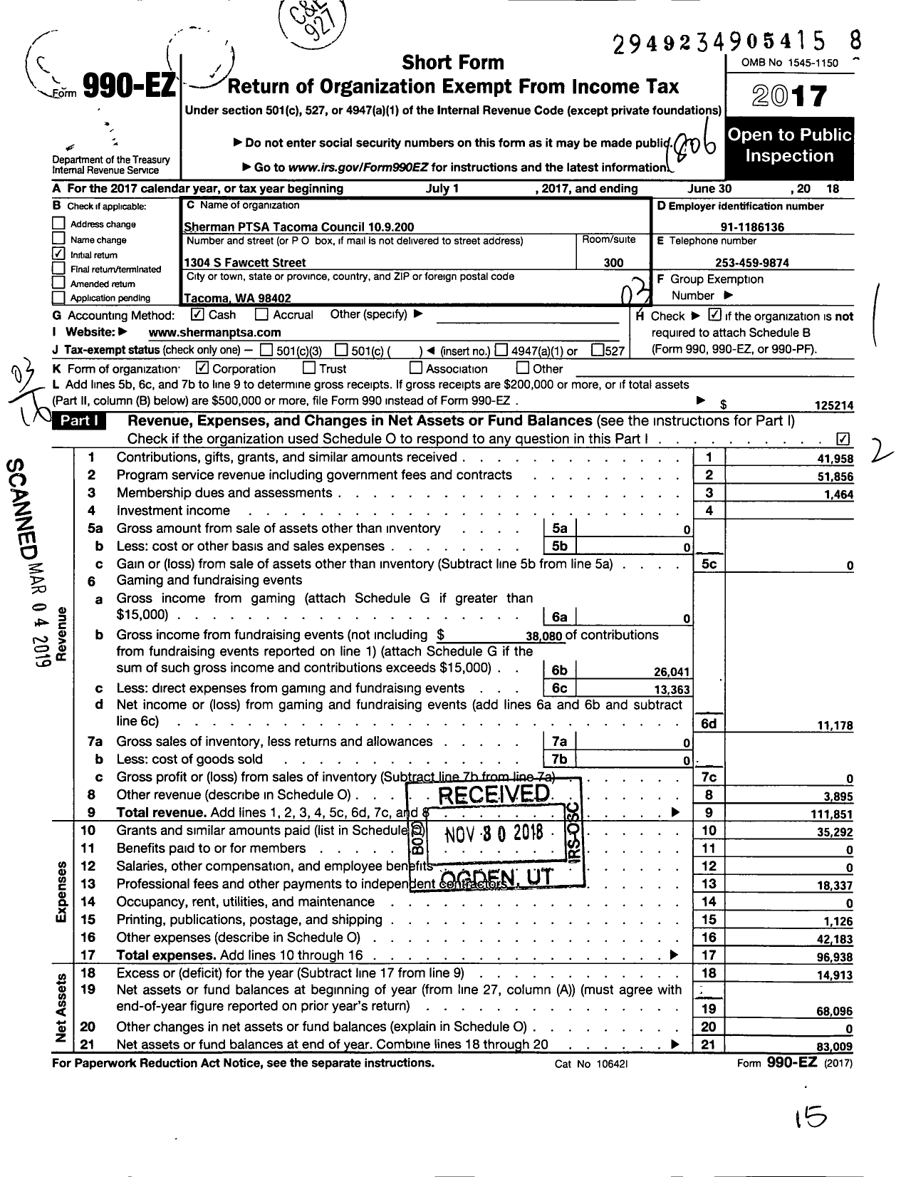 Image of first page of 2017 Form 990EZ for Sherman PTSA - Tacoma Council 109200