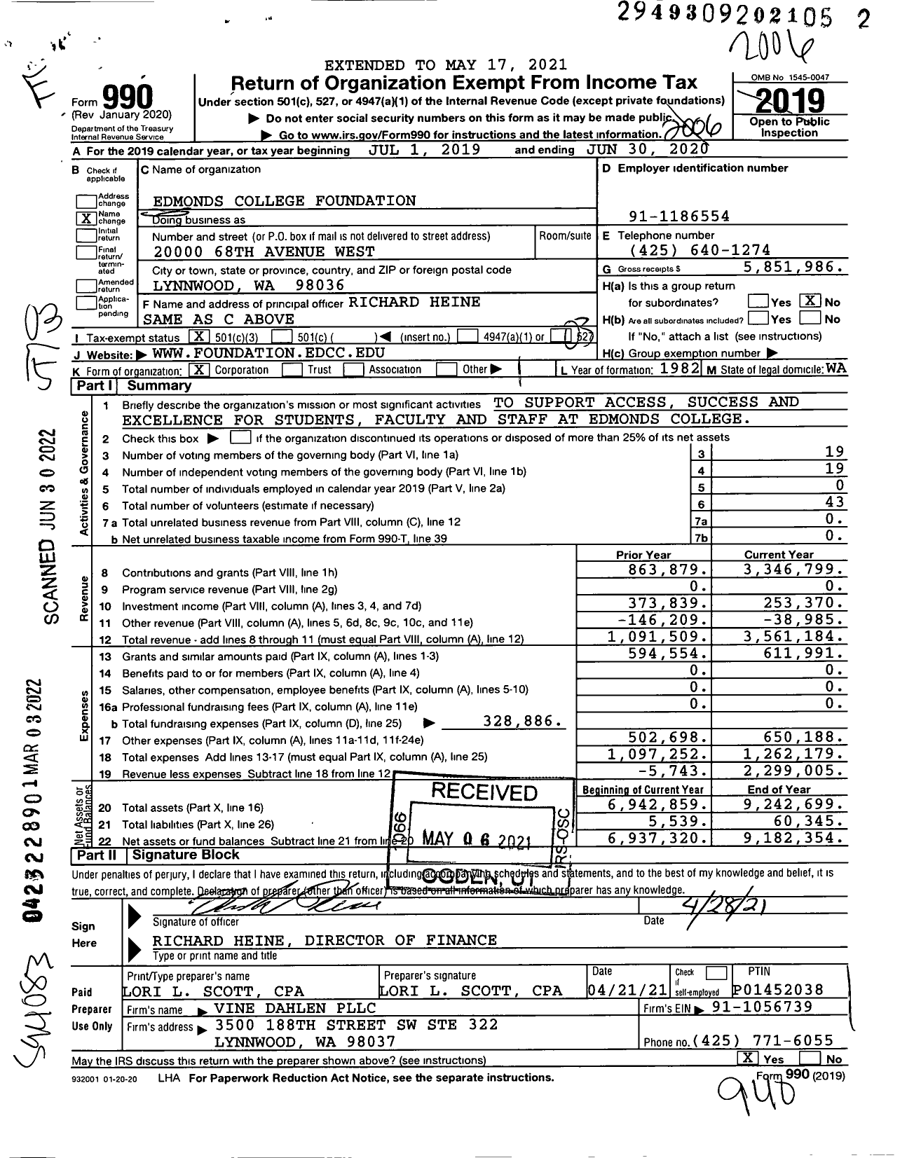 Image of first page of 2019 Form 990 for Edmonds College Foundation