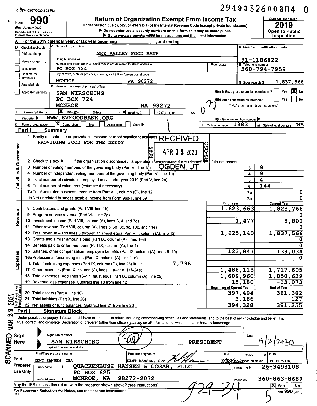 Image of first page of 2019 Form 990 for Sky Valley Food Bank