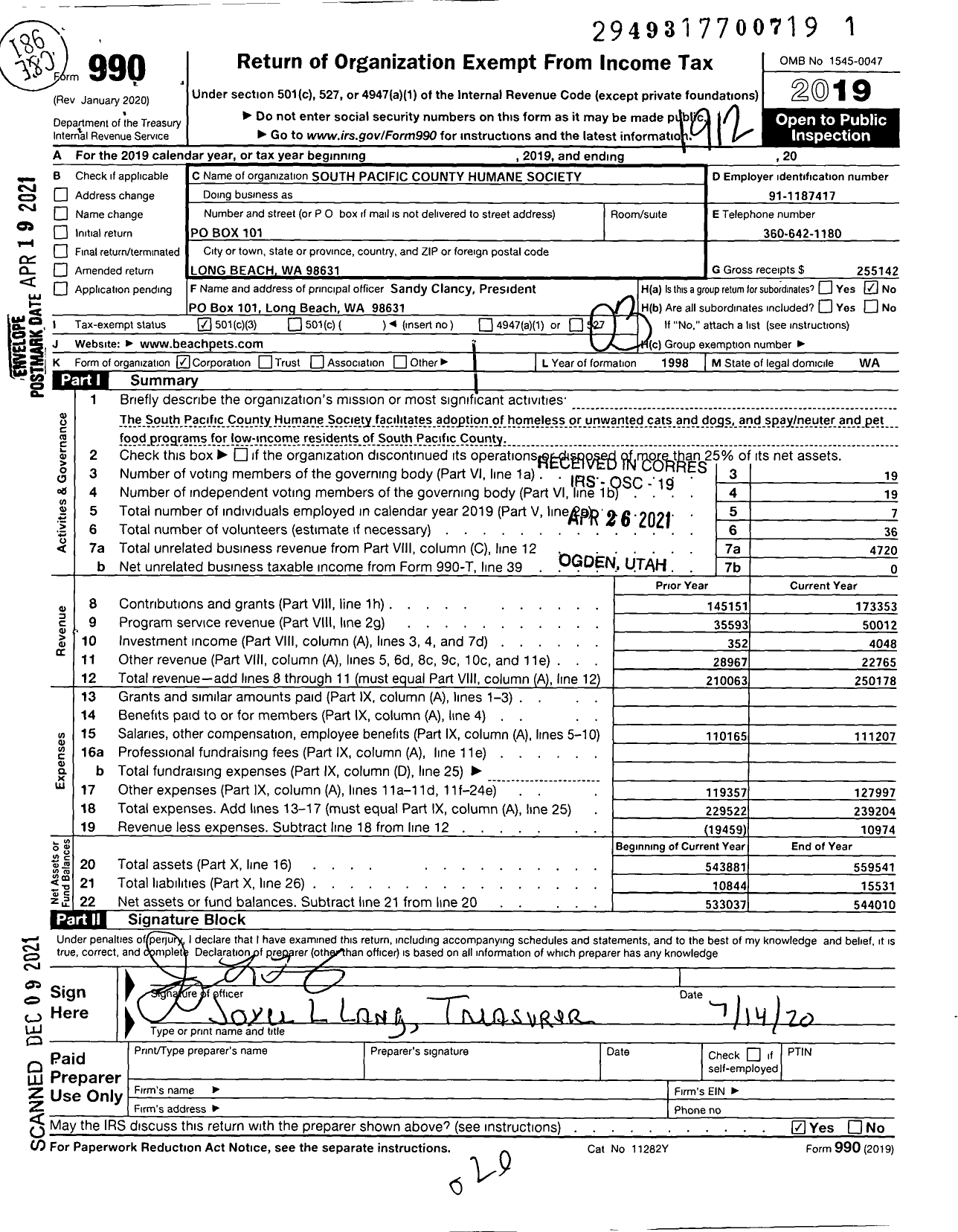 Image of first page of 2019 Form 990 for South Pacific County Humane Society