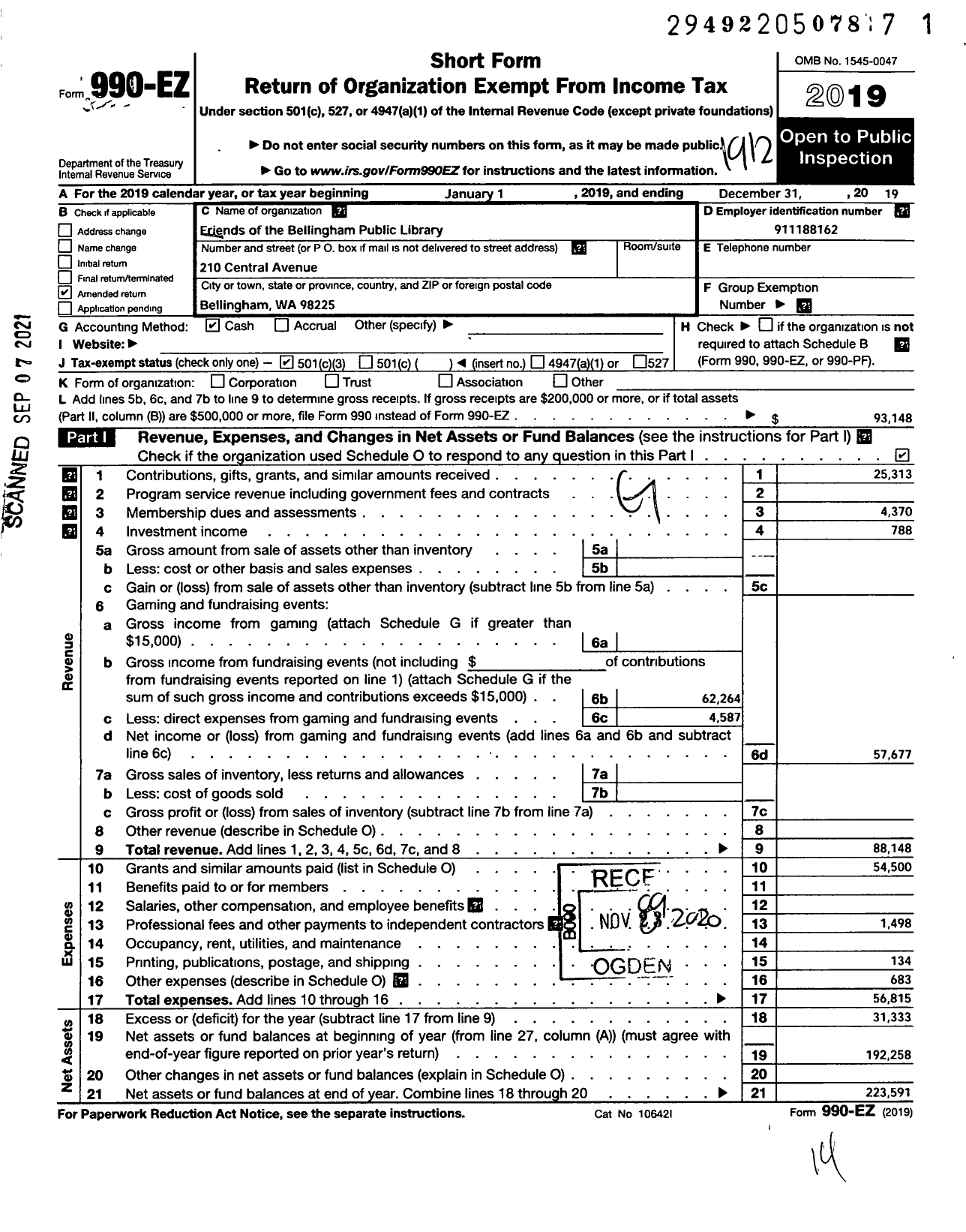 Image of first page of 2019 Form 990EZ for Friends of the Bellingham Public Library