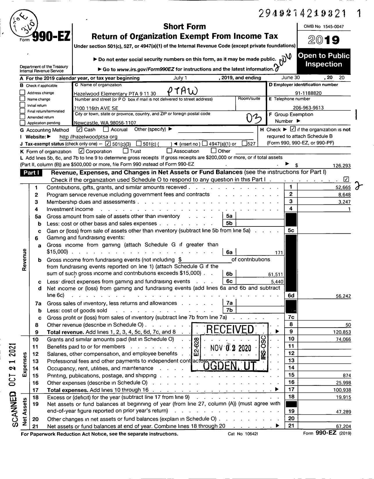 Image of first page of 2019 Form 990EZ for Hazelwood Elementary PTA