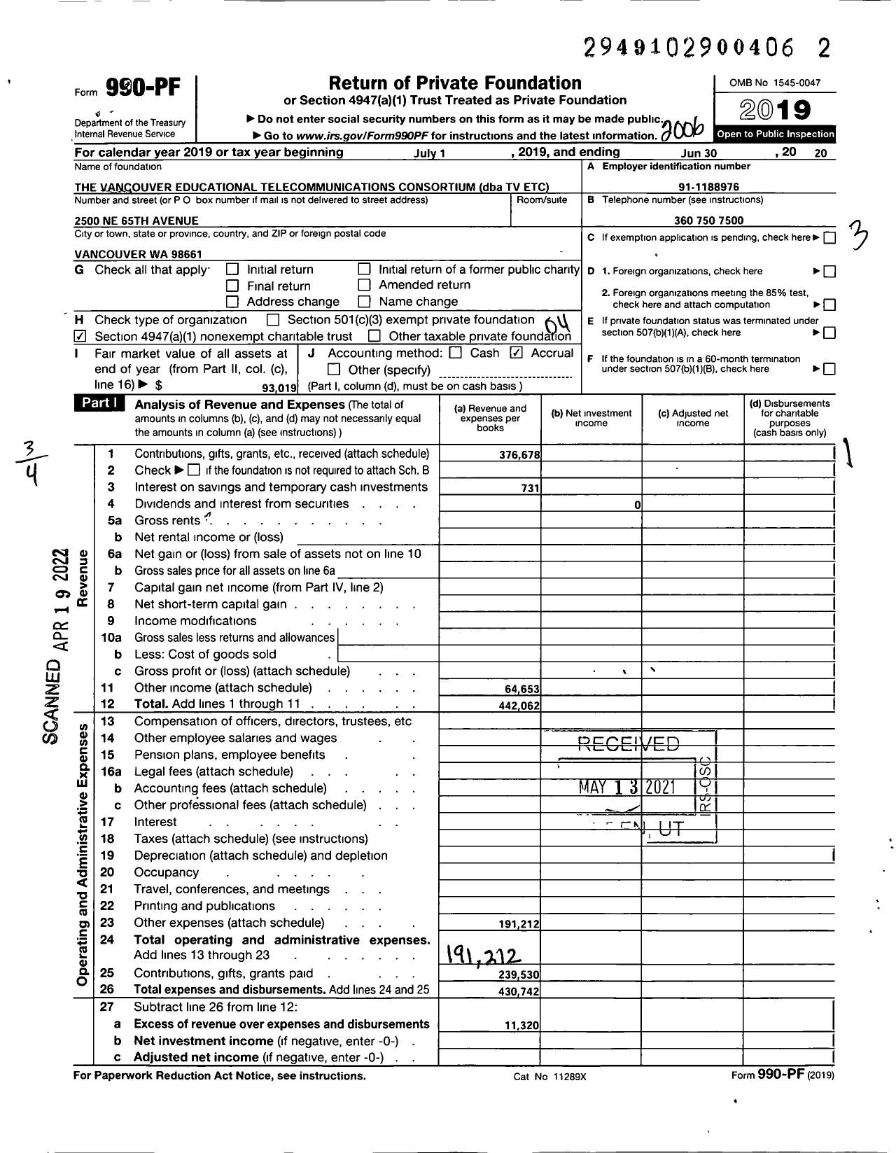 Image of first page of 2019 Form 990PF for The Vancouver Educational Telecommunications Consortium TV E