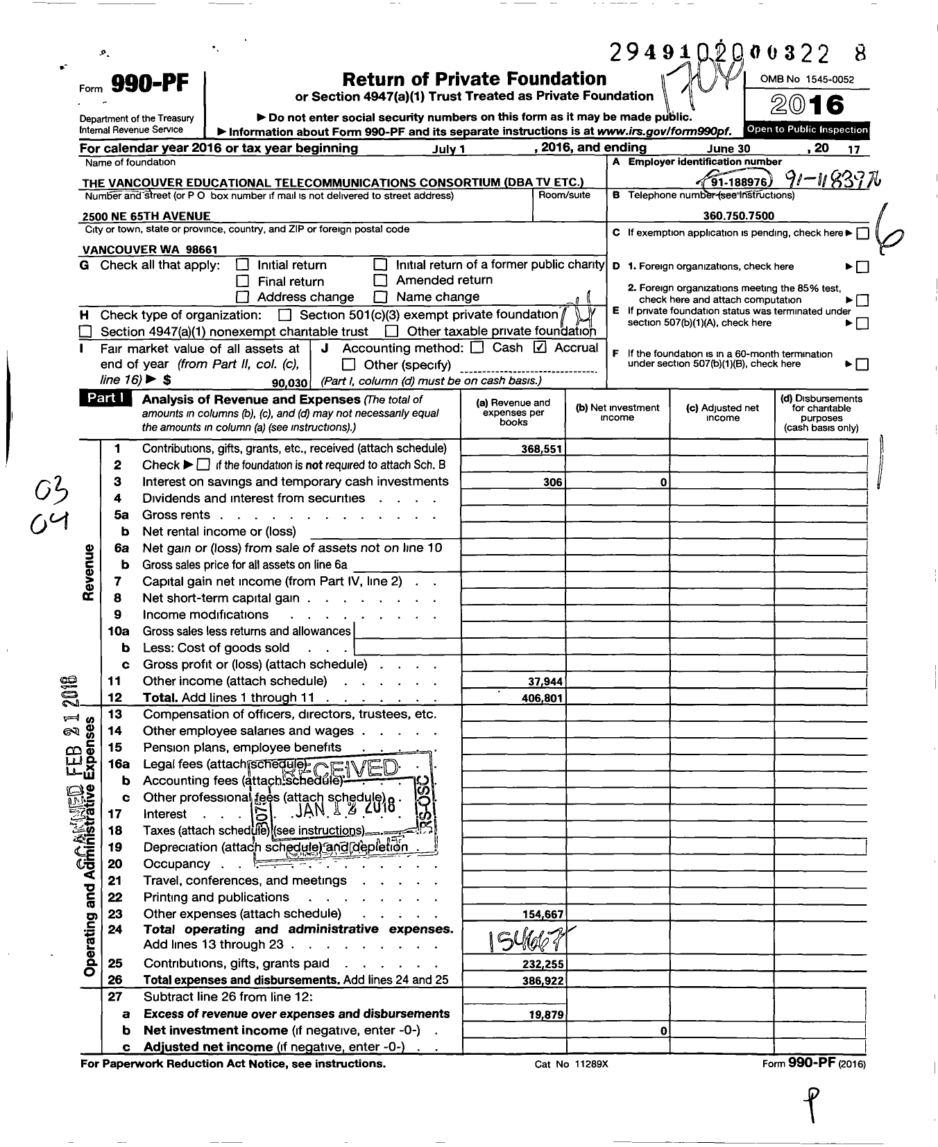 Image of first page of 2016 Form 990PF for The Vancouver Educational Telecommunications Consortium TV E