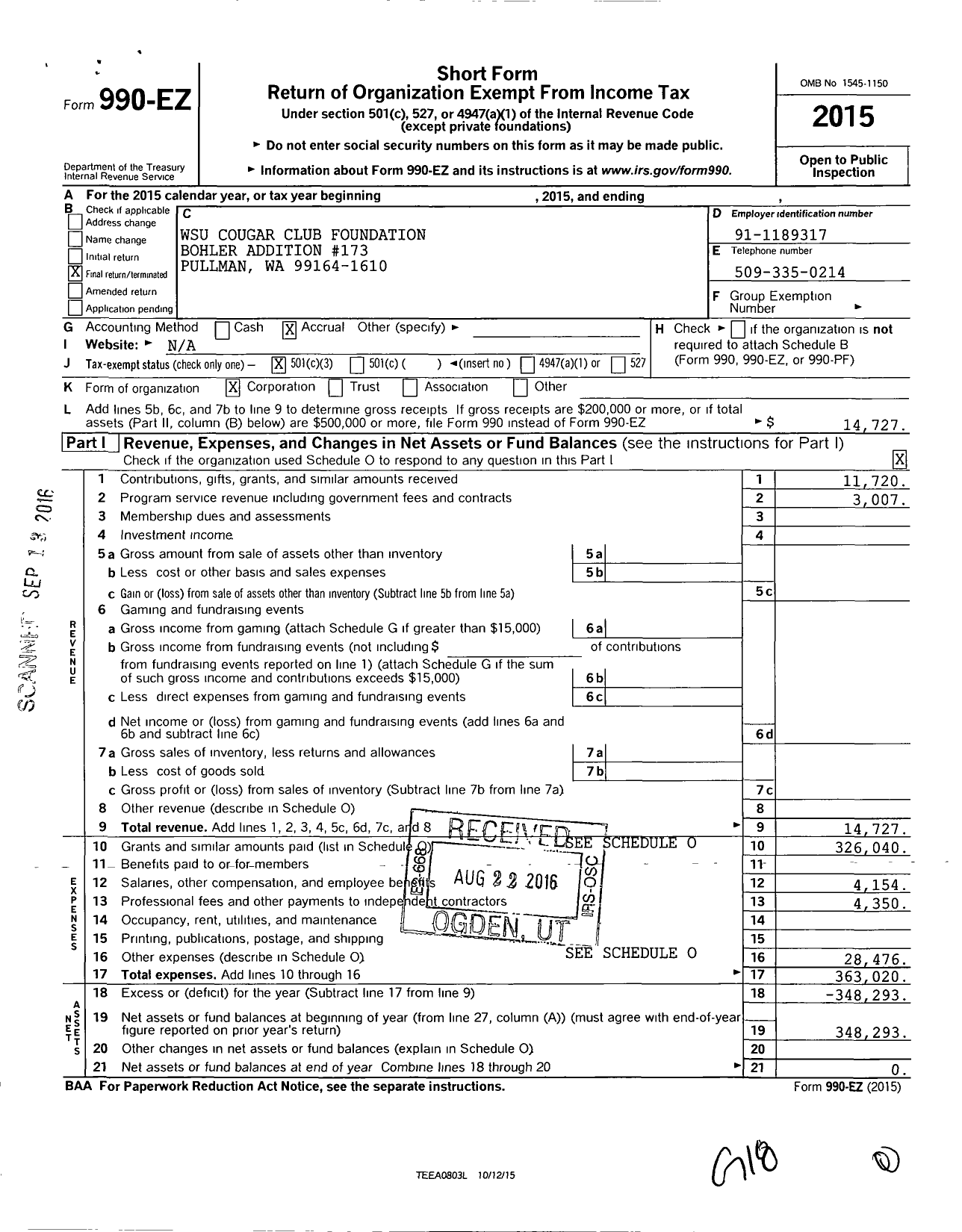 Image of first page of 2015 Form 990EZ for Wsu Cougar Club Foundation