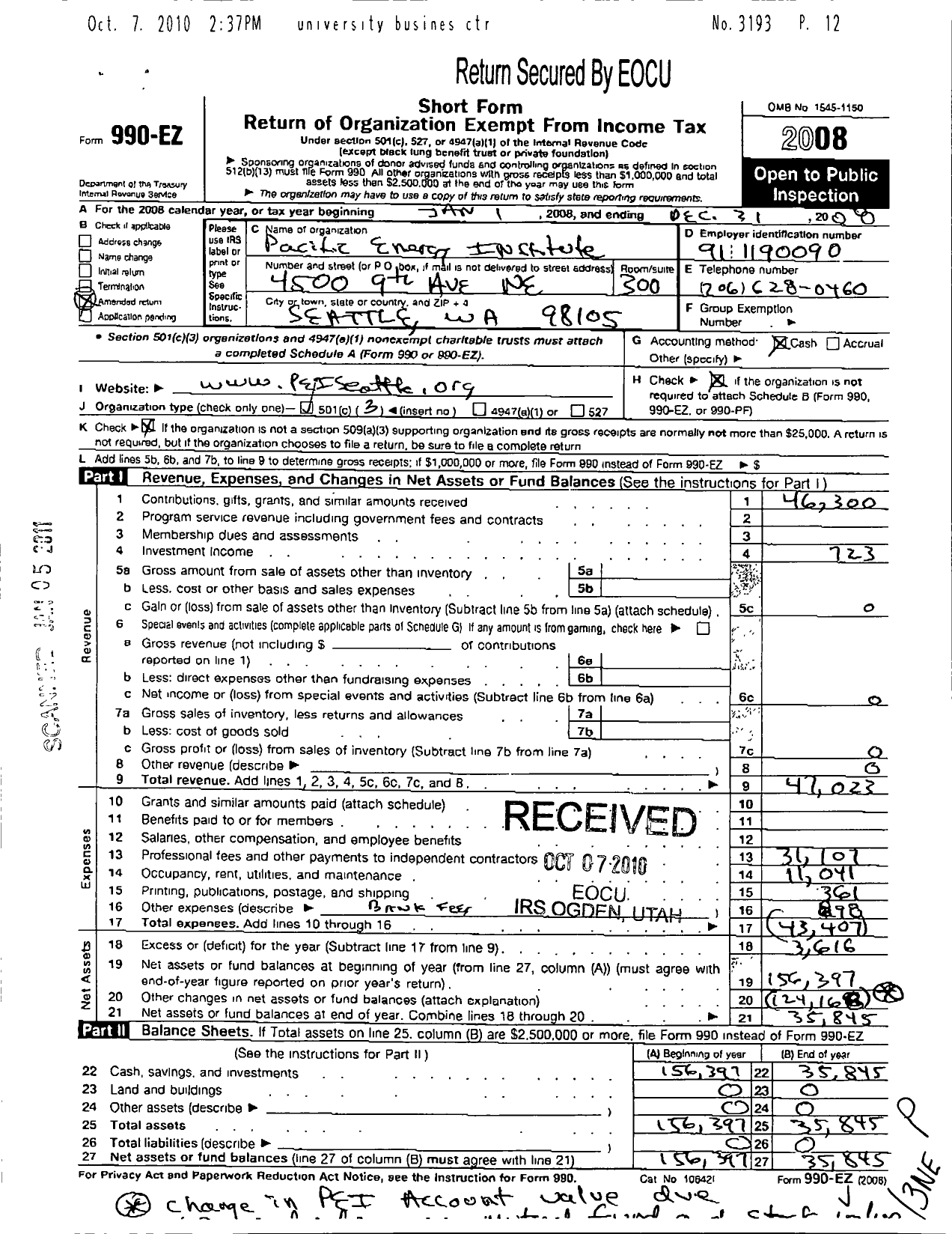 Image of first page of 2008 Form 990EZ for Pacific Energy Institute