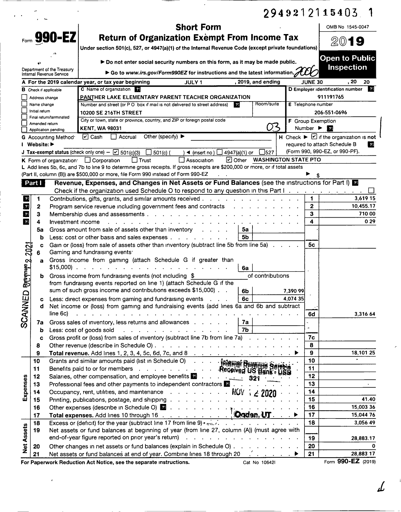 Image of first page of 2019 Form 990EZ for PANTHER LAKE ELEMENTARY SCHOOL PTo