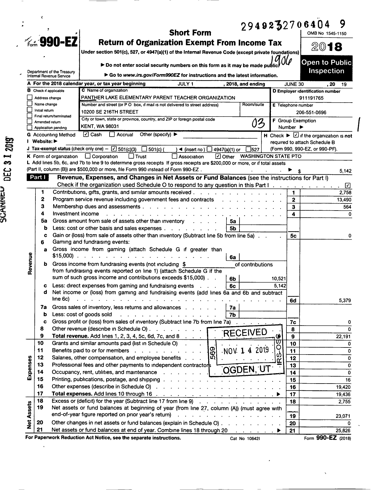 Image of first page of 2018 Form 990EZ for PANTHER LAKE ELEMENTARY SCHOOL PTo