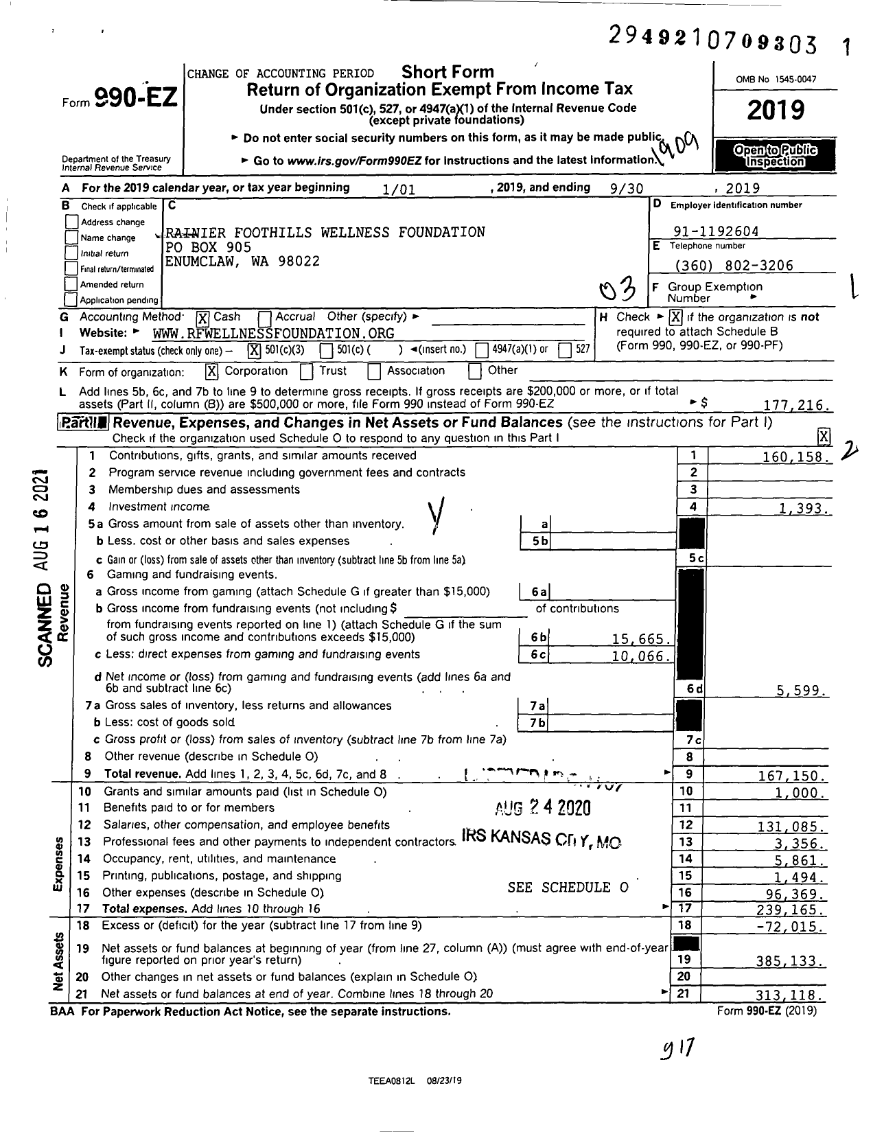 Image of first page of 2018 Form 990EZ for Rainier Foothills Wellness Foundation