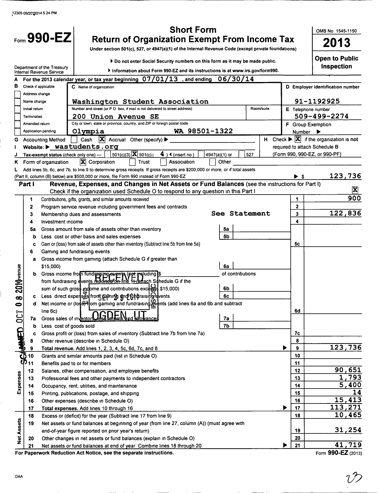 Image of first page of 2013 Form 990EO for Washington Student Association