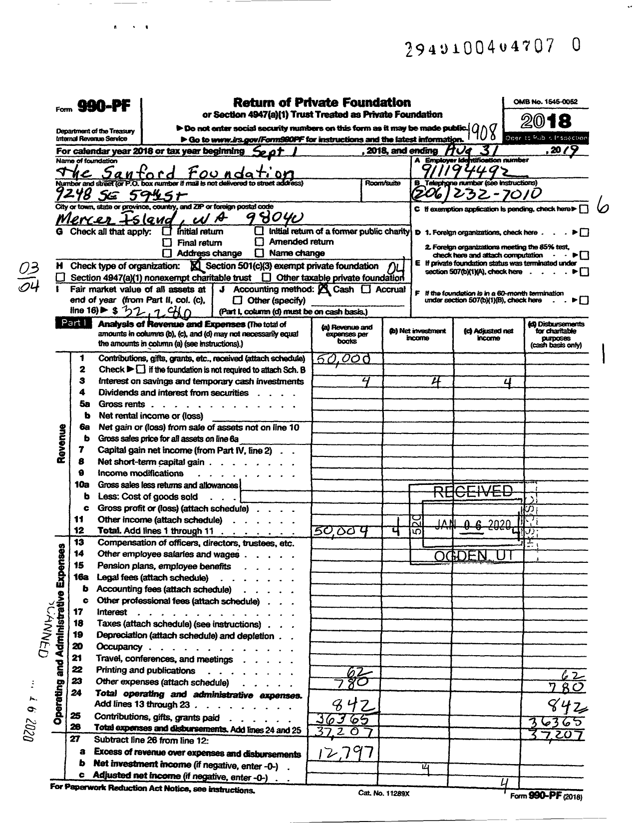 Image of first page of 2018 Form 990PR for The Sanford Foundation