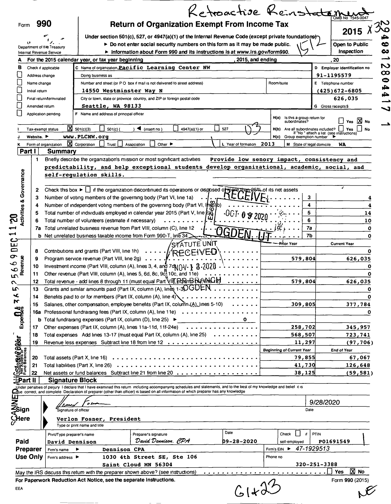 Image of first page of 2015 Form 990 for Pacific Learning Center NW