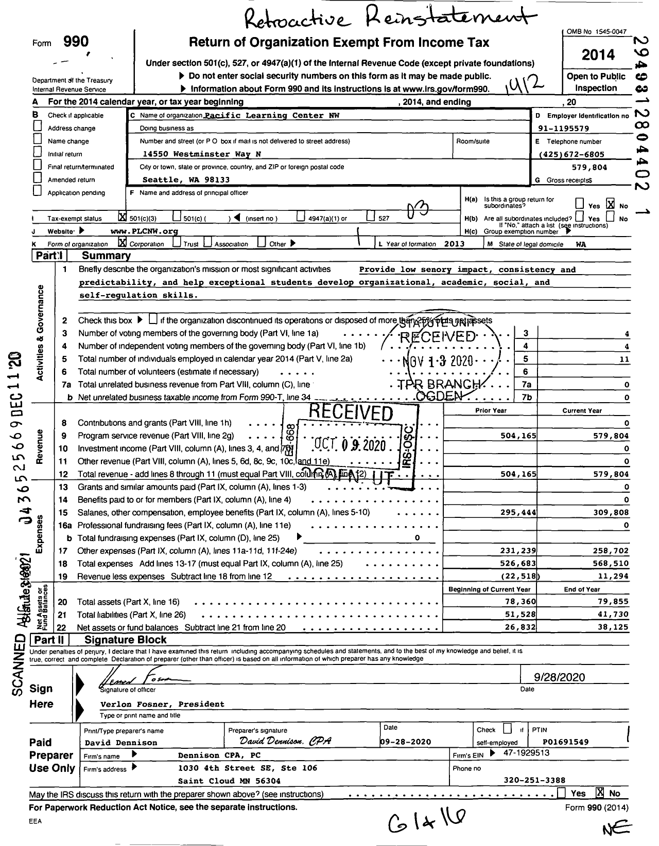 Image of first page of 2014 Form 990 for Pacific Learning Center NW