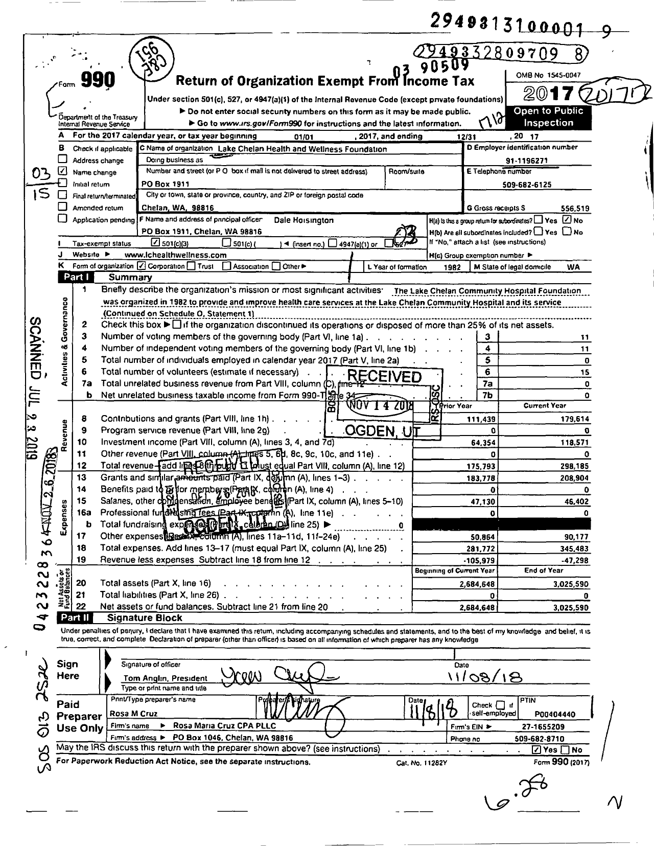 Image of first page of 2017 Form 990 for Lake Chelan Health and Wellness Foundation