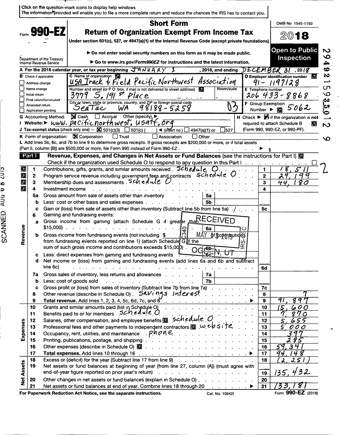 Image of first page of 2018 Form 990EZ for USA Track and Field / PN Youth Athletics Council