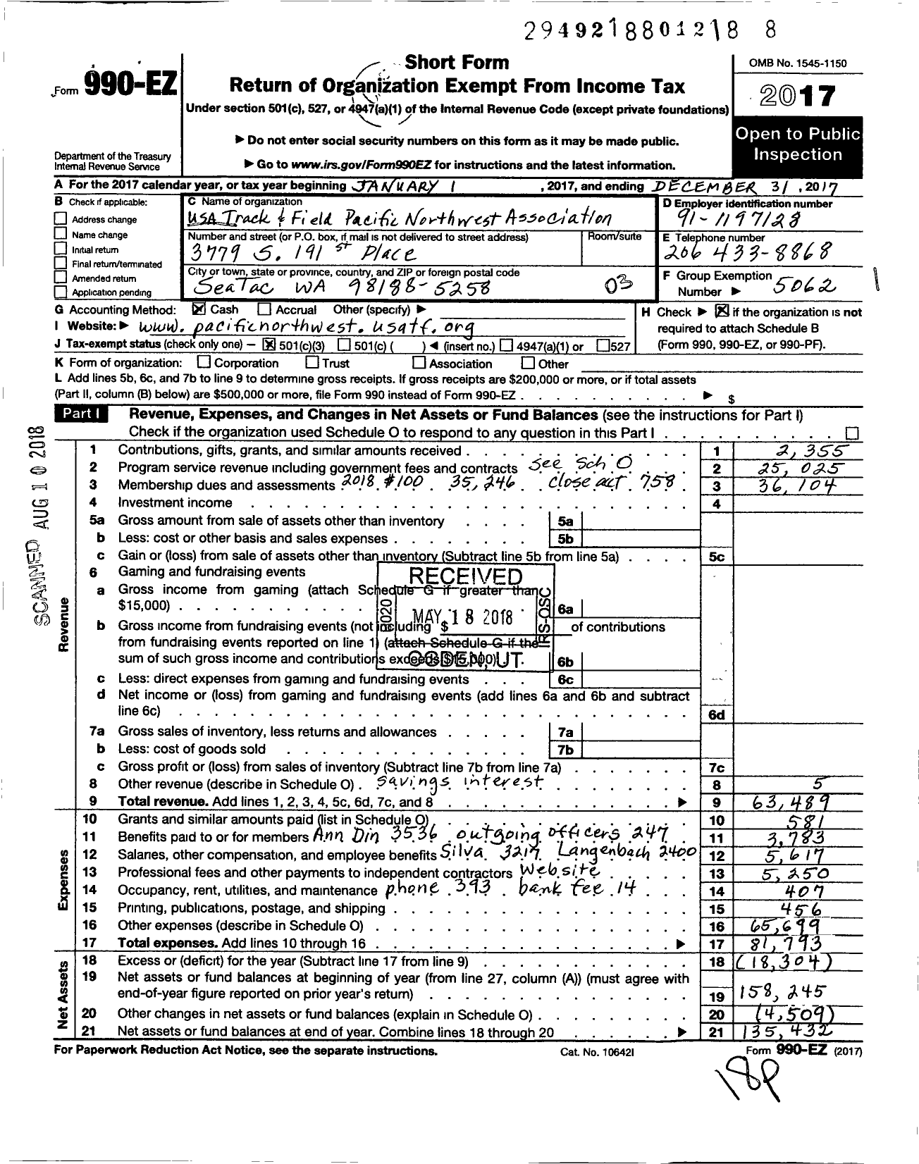 Image of first page of 2017 Form 990EZ for USA Track and Field Pacific Northwest Association