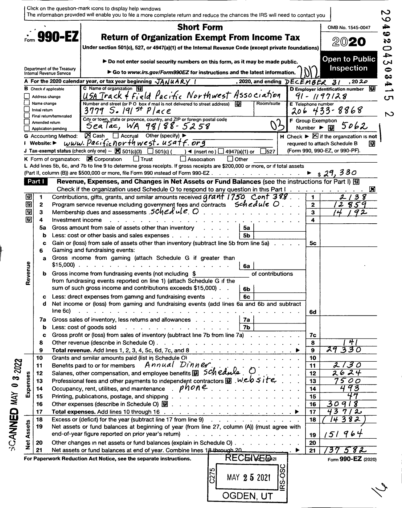 Image of first page of 2020 Form 990EZ for USA Track and Field / PN Youth Athletics Council