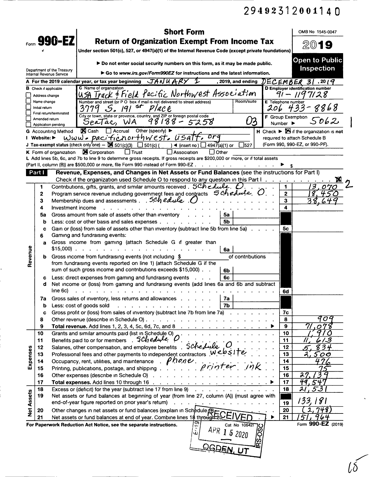 Image of first page of 2019 Form 990EZ for USA Track and Field Pacific Northwest Association