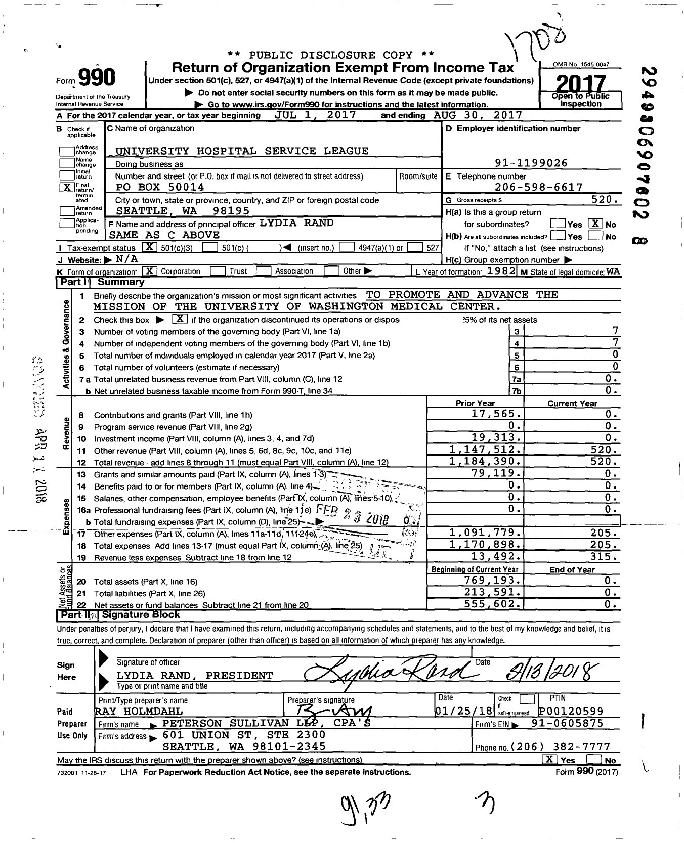 Image of first page of 2016 Form 990 for University Hospital Service League